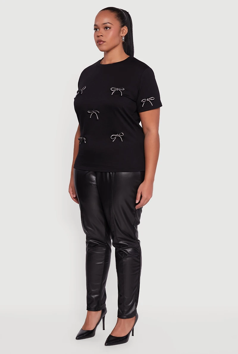 Womens Plus Size Short Sleeve Bow Detail Tee, Black, Size 3X