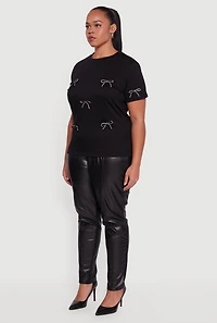 Womens Plus Size Short Sleeve Bow Detail Tee, Black, Size 3X