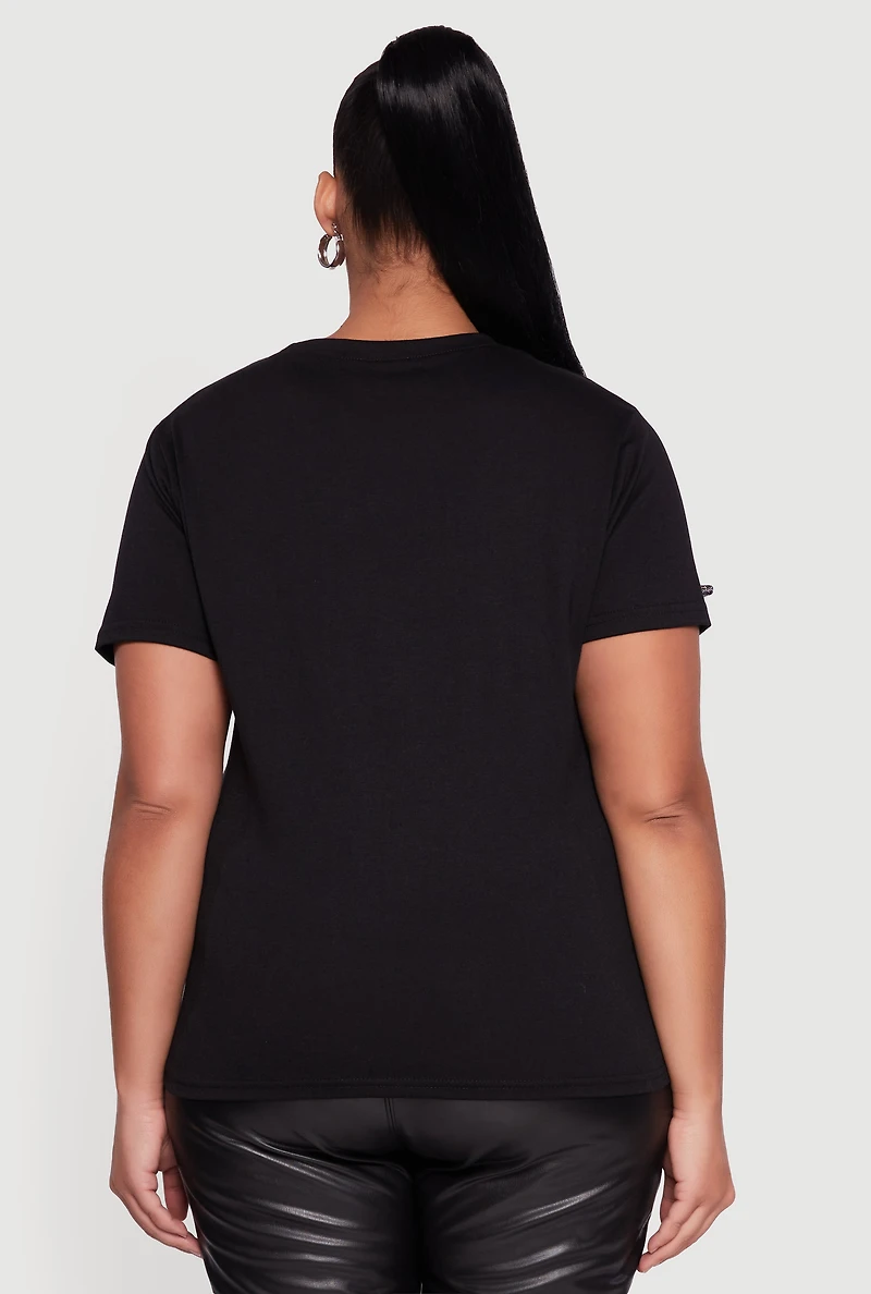 Womens Plus Size Short Sleeve Bow Detail Tee, Black, Size 3X