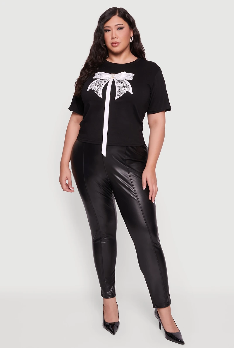 Womens Plus Size Bow Detail Short Sleeve Tee, Black, Size 1X