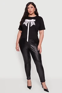 Womens Plus Size Bow Detail Short Sleeve Tee, Black, Size 1X