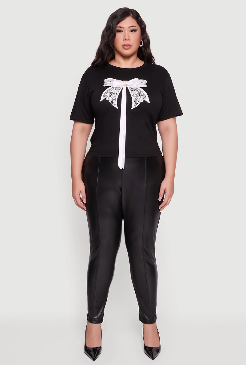 Womens Plus Size Bow Detail Short Sleeve Tee, Black, Size 1X
