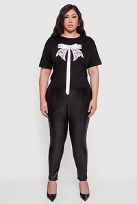 Womens Plus Size Bow Detail Short Sleeve Tee, Black, Size 1X