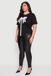 Womens Plus Size Bow Detail Short Sleeve Tee, Black, Size 1X