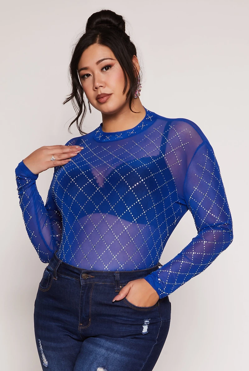 Plus Rhinestone Mesh Long Sleeve Top