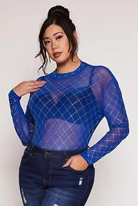 Plus Rhinestone Mesh Long Sleeve Top