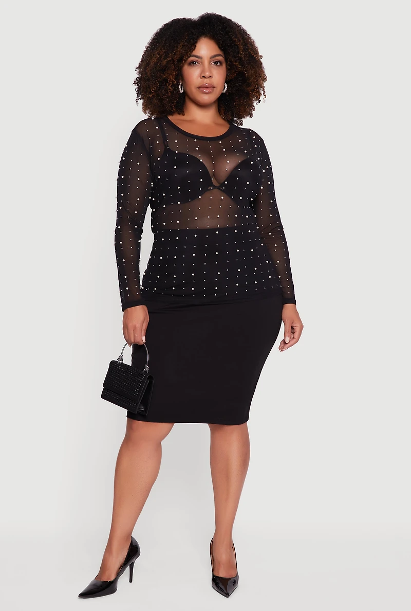 Womens Plus Sheer Mesh Top with Faux Pearls and Rhinestones,