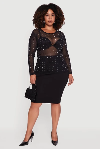 Womens Plus Sheer Mesh Top with Faux Pearls and Rhinestones,