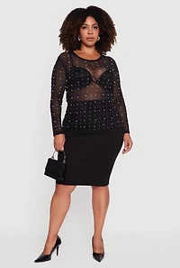 Womens Plus Sheer Mesh Top with Faux Pearls and Rhinestones,