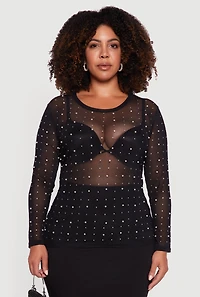 Womens Plus Sheer Mesh Top with Faux Pearls and Rhinestones,