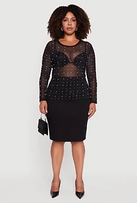 Womens Plus Sheer Mesh Top with Faux Pearls and Rhinestones,