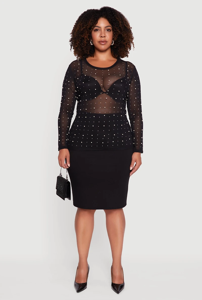 Plus Sheer Mesh Top with Faux Pearls and Rhinestones