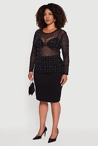 Womens Plus Sheer Mesh Top with Faux Pearls and Rhinestones,