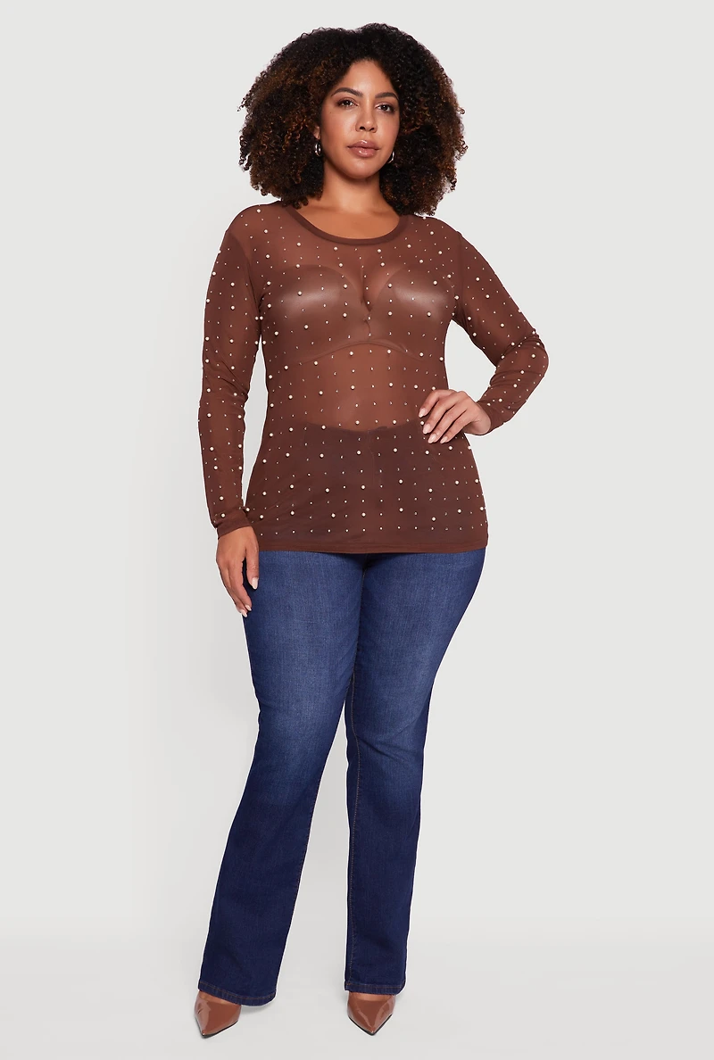 Womens Plus Size Sheer Mesh Top with Faux Pearls and Rhinestones, Brown, Size 3X