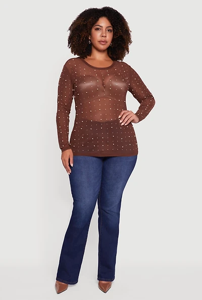 Womens Plus Size Sheer Mesh Top with Faux Pearls and Rhinestones, Brown, Size 1X