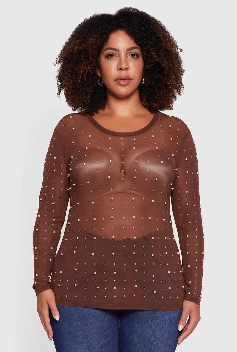 Womens Plus Size Sheer Mesh Top with Faux Pearls and Rhinestones, Brown, Size 3X