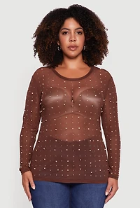 Womens Plus Size Sheer Mesh Top with Faux Pearls and Rhinestones, Brown, Size 3X