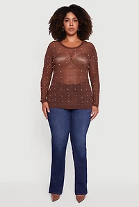 Womens Plus Size Sheer Mesh Top with Faux Pearls and Rhinestones, Brown, Size 3X