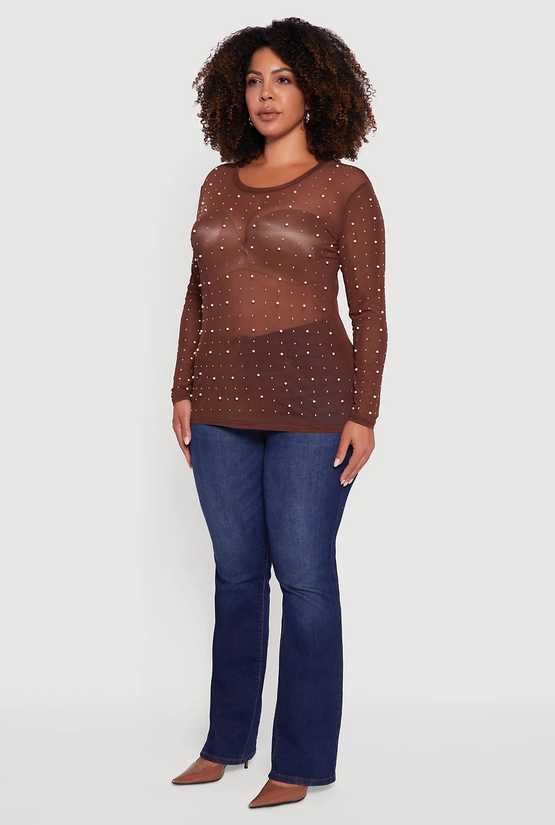 Womens Plus Size Sheer Mesh Top with Faux Pearls and Rhinestones, Brown, Size 3X