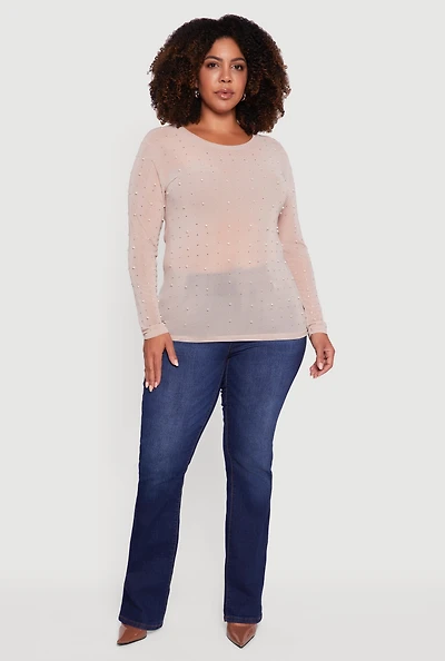 Womens Plus Sheer Mesh Top with Faux Pearls and Rhinestones,