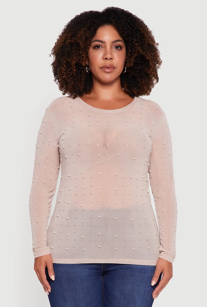 Womens Plus Size Sheer Mesh Top with Faux Pearls and Rhinestones, Beige, Size 3X