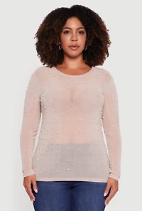 Womens Plus Size Sheer Mesh Top with Faux Pearls and Rhinestones, Beige, Size 3X