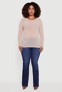 Womens Plus Size Sheer Mesh Top with Faux Pearls and Rhinestones, Beige, Size 3X