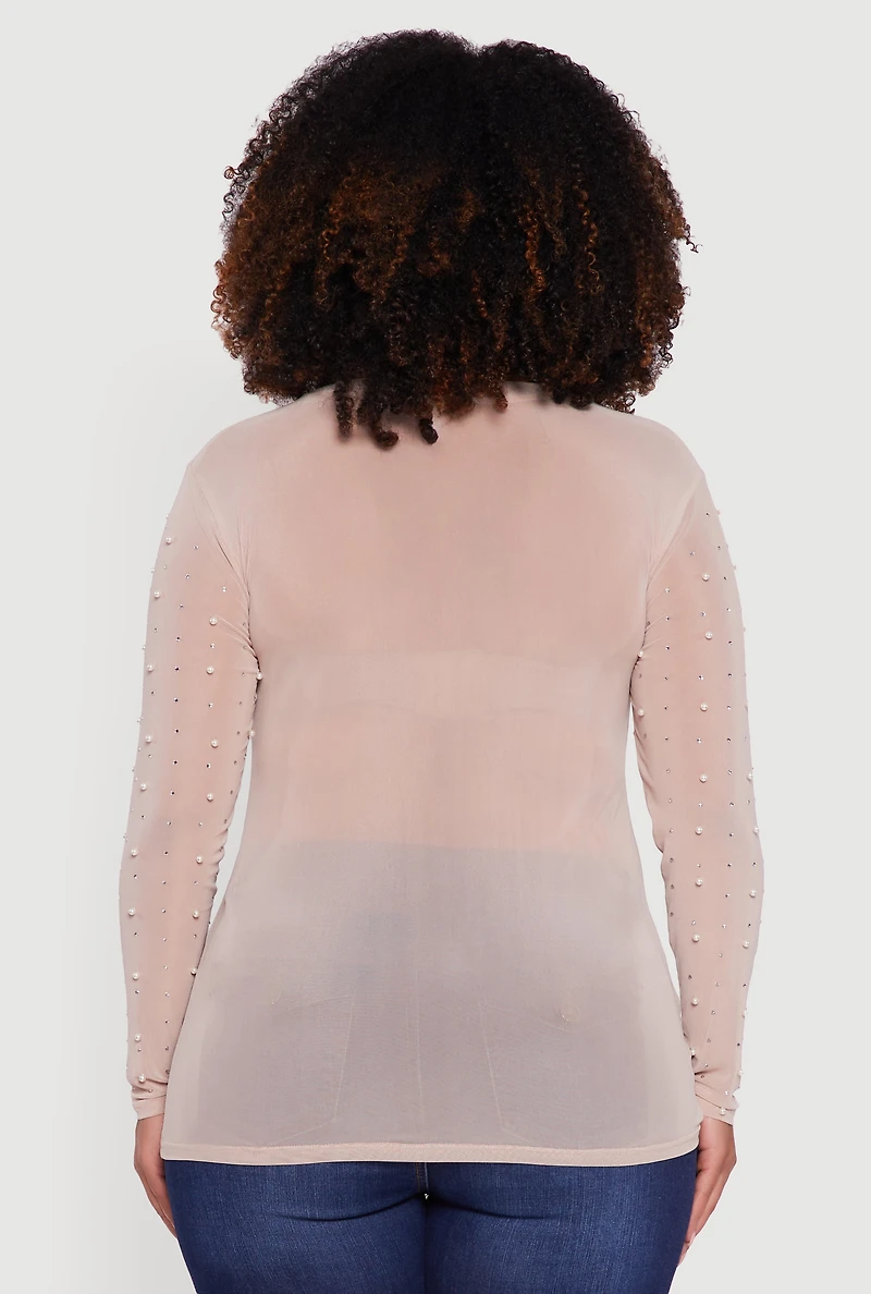 Womens Plus Size Sheer Mesh Top with Faux Pearls and Rhinestones, Beige, Size 3X