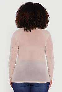 Womens Plus Size Sheer Mesh Top with Faux Pearls and Rhinestones, Beige, Size 3X