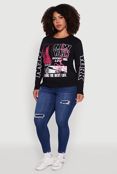 Womens Plus Size Brooklyn 1984 Ruched Side Long Sleeve Graphic Tee, Black, Size 1X