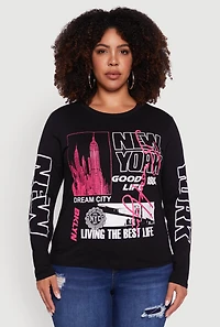 Womens Plus Size Brooklyn 1984 Ruched Side Long Sleeve Graphic Tee, Black, Size 1X