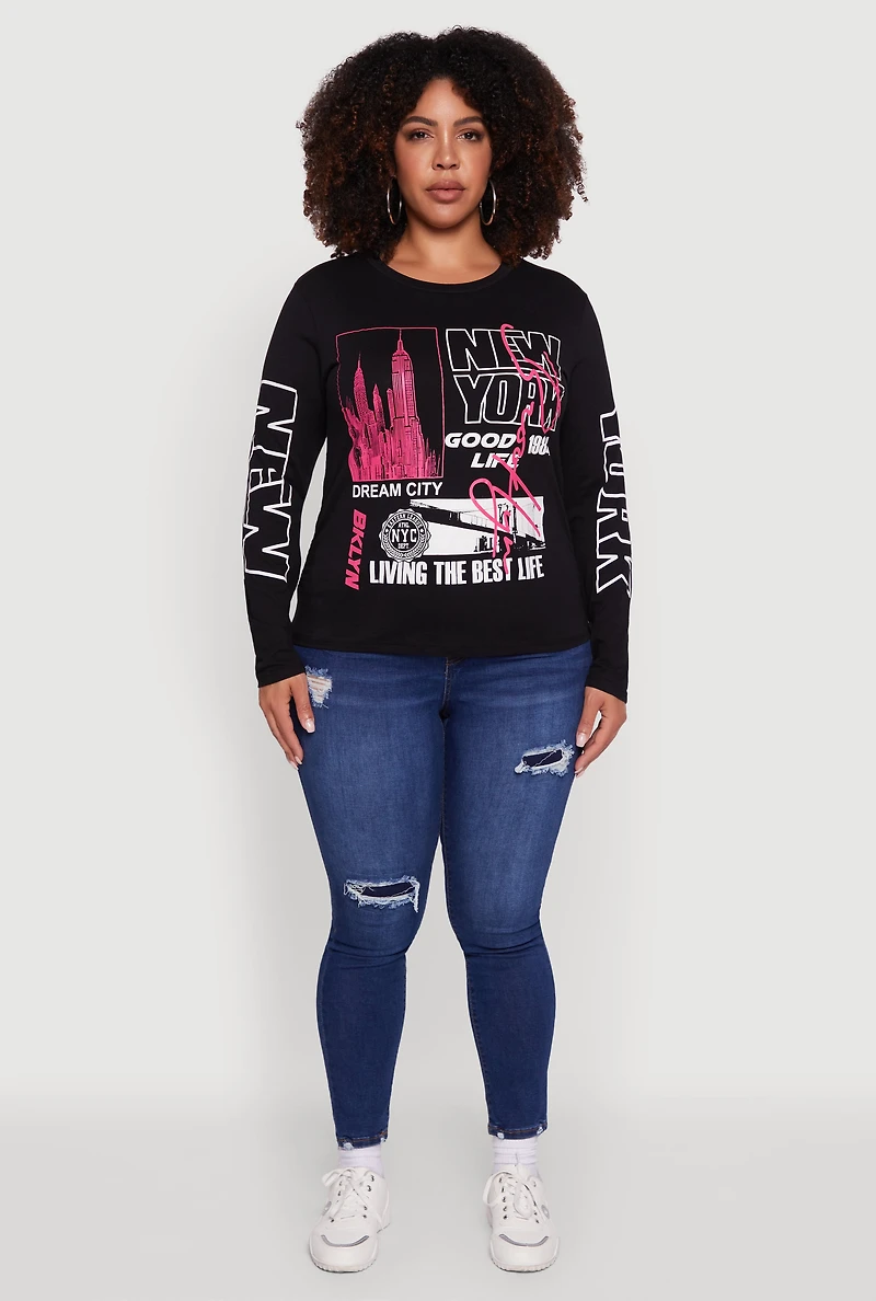 Womens Plus Size Brooklyn 1984 Ruched Side Long Sleeve Graphic Tee, Black, Size 1X