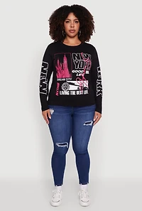Womens Plus Size Brooklyn 1984 Ruched Side Long Sleeve Graphic Tee, Black, Size 1X