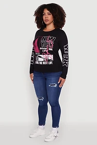 Womens Plus Size Brooklyn 1984 Ruched Side Long Sleeve Graphic Tee, Black, Size 1X