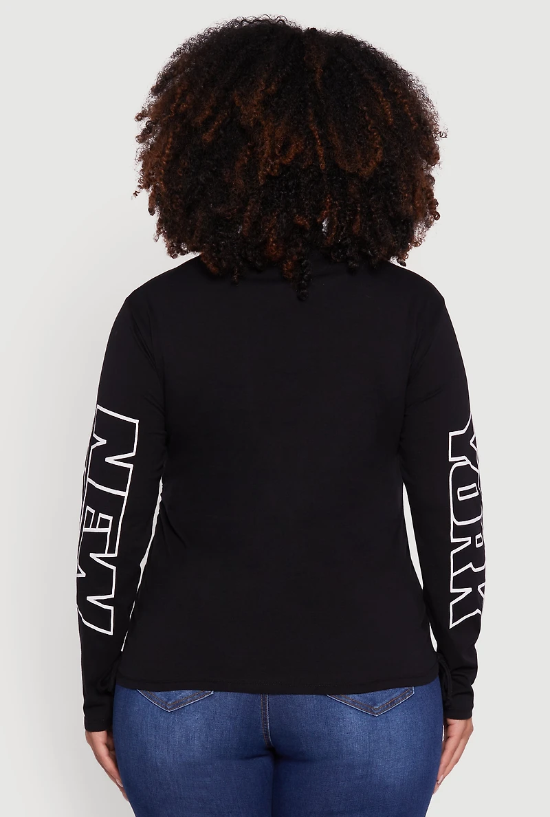 Womens Plus Size Brooklyn 1984 Ruched Side Long Sleeve Graphic Tee, Black, Size 1X