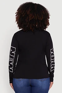 Womens Plus Size Brooklyn 1984 Ruched Side Long Sleeve Graphic Tee, Black, Size 1X
