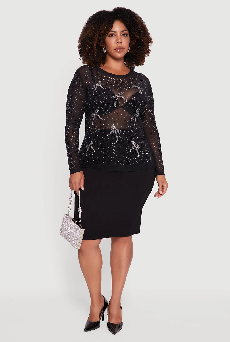 Womens Plus Size Sheer Mesh Top with Rhinestone and Faux Pearl Bows, Black, Size 1X