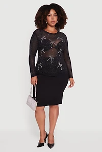 Womens Plus Size Sheer Mesh Top with Rhinestone and Faux Pearl Bows, Black, Size 1X