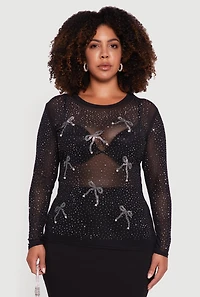 Womens Plus Size Sheer Mesh Top with Rhinestone and Faux Pearl Bows, Black, Size 1X