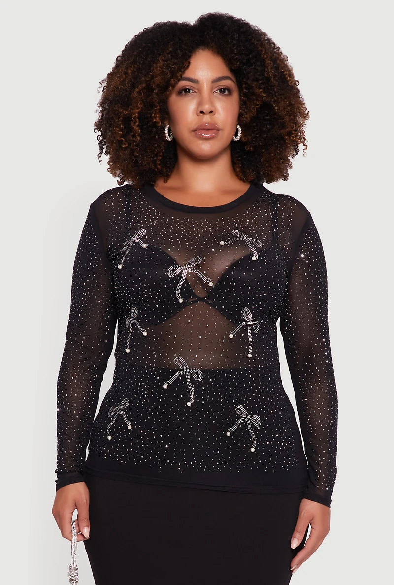 Womens Plus Sheer Mesh Top with Rhinestone and Faux Pearl Bows,