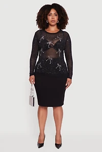 Womens Plus Size Sheer Mesh Top with Rhinestone and Faux Pearl Bows, Black, Size 1X