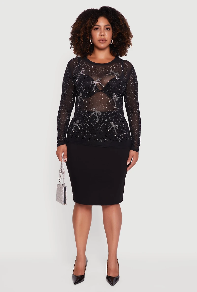 Womens Plus Sheer Mesh Top with Rhinestone and Faux Pearl Bows,
