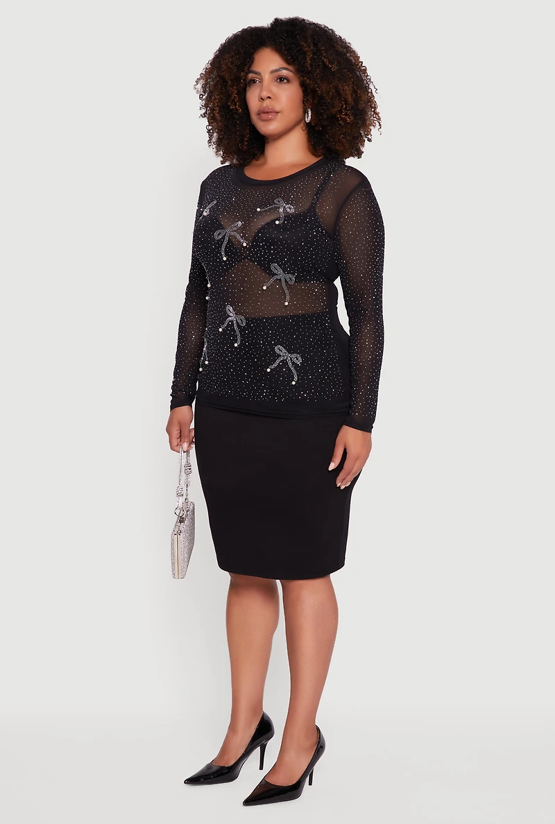 Womens Plus Size Sheer Mesh Top with Rhinestone and Faux Pearl Bows, Black, Size 1X