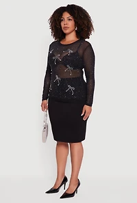 Womens Plus Sheer Mesh Top with Rhinestone and Faux Pearl Bows,