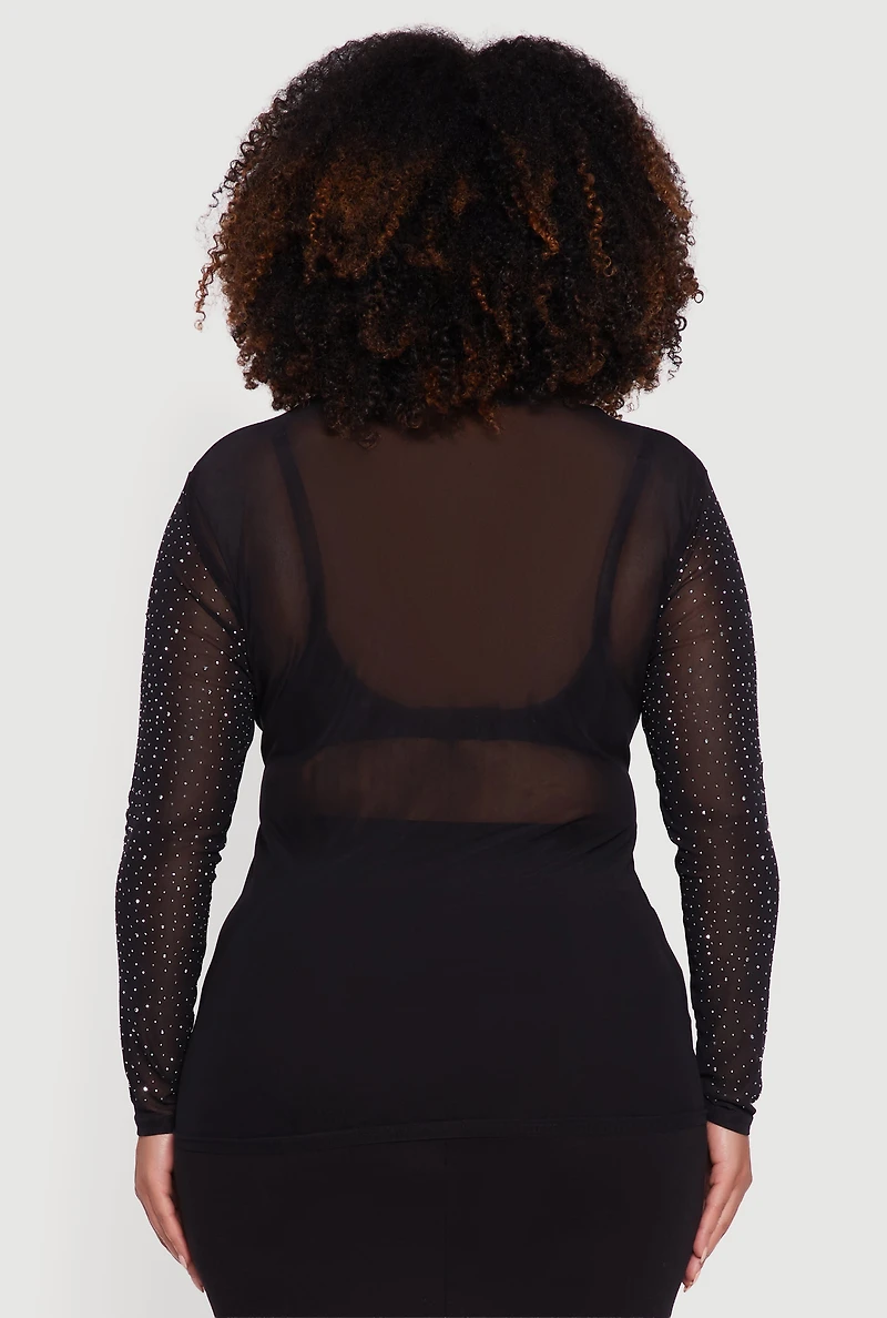 Womens Plus Size Sheer Mesh Top with Rhinestone and Faux Pearl Bows, Black, Size 1X