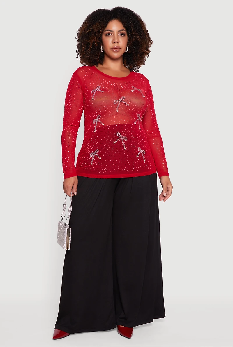 Womens Plus Size Sheer Mesh Top with Rhinestone and Faux Pearl Bows, Red, Size 2X