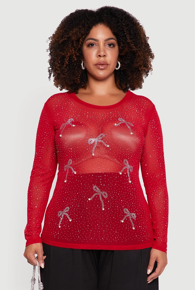 Womens Plus Size Sheer Mesh Top with Rhinestone and Faux Pearl Bows, Red, Size 2X