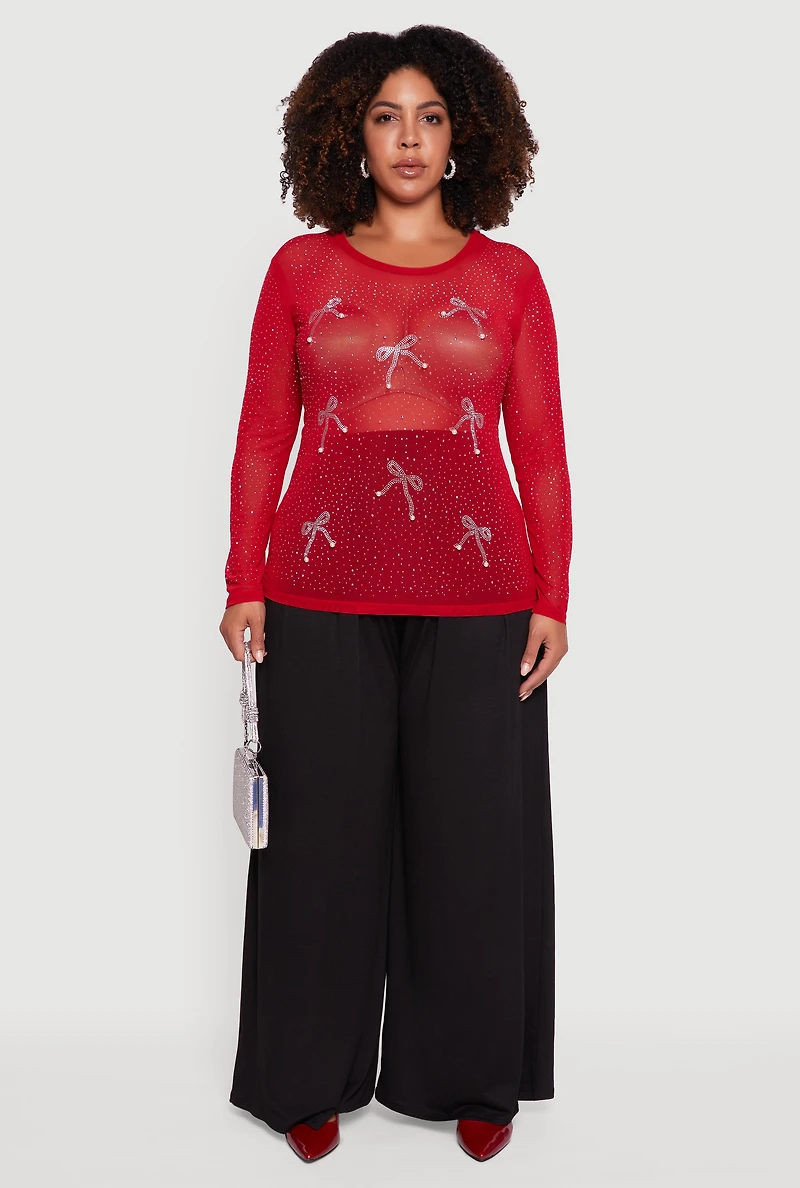 Womens Plus Size Sheer Mesh Top with Rhinestone and Faux Pearl Bows, Red, Size 2X