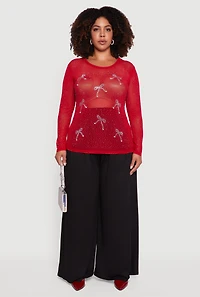 Womens Plus Size Sheer Mesh Top with Rhinestone and Faux Pearl Bows, Red, Size 2X
