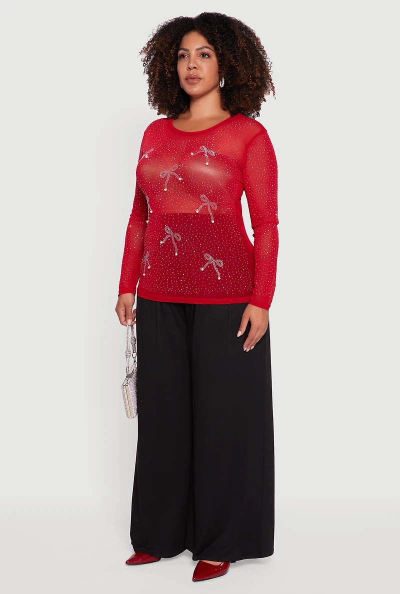Womens Plus Size Sheer Mesh Top with Rhinestone and Faux Pearl Bows, Red, Size 2X